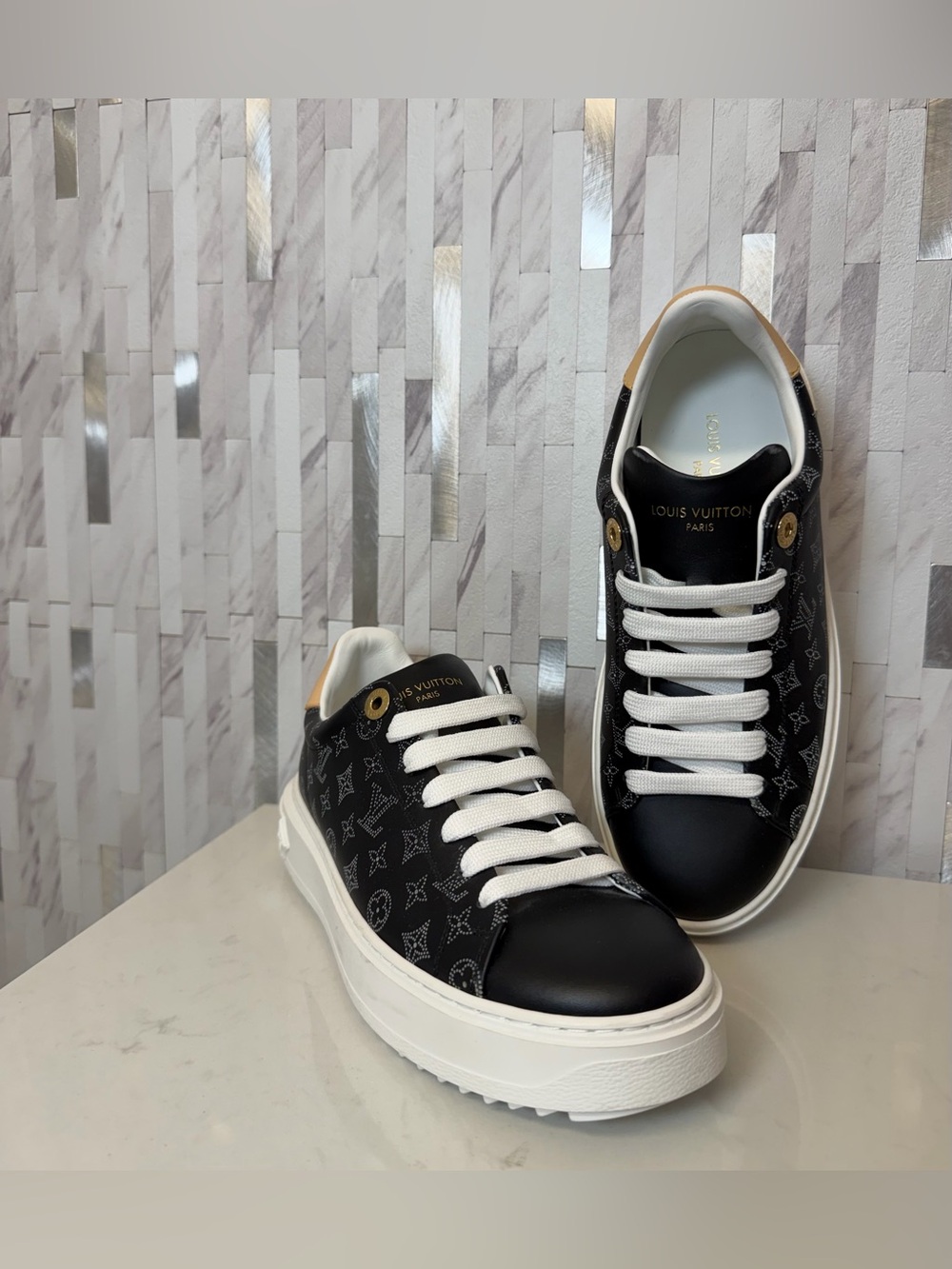 NWOT Authentic Louis Vuitton Black Mahina Calf Leather Time Out Sneakers Size 36